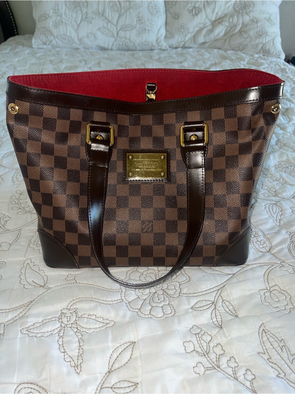 Louis Vuitton Brown Damier Canvas Tote with Red Interior